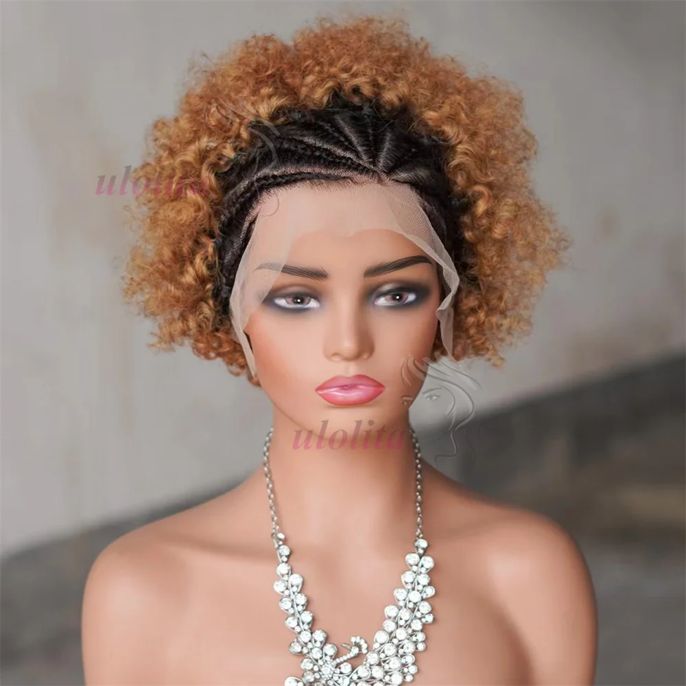 T1B/30 Ombre Color Afro Kinky Curly Human Hair Wig with Braids 13x4 Transparent Lace Front Curly Short Bob Wigs 250% for Women