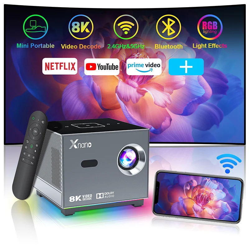 300ANSI 8K/4k WiFi 5G Voice Remote Portable Smart Movie Projector LED Lighting BT5.0 Bulit-in More App portable projector