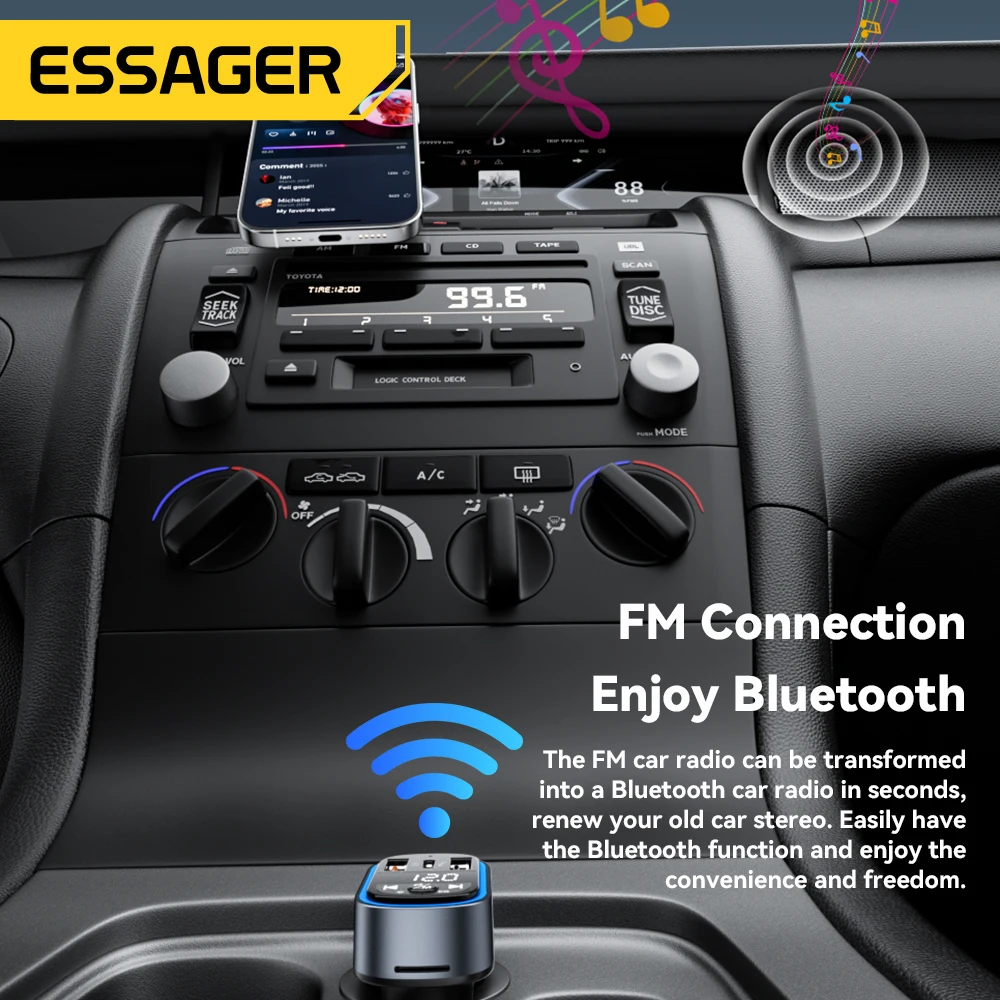 Essager FM Bluetooth5.3 Transmitter 35W USB Type-C Dual Ports PD QC Car Charger Aux Radio MP3 Music Player For TF Card/USB Drive