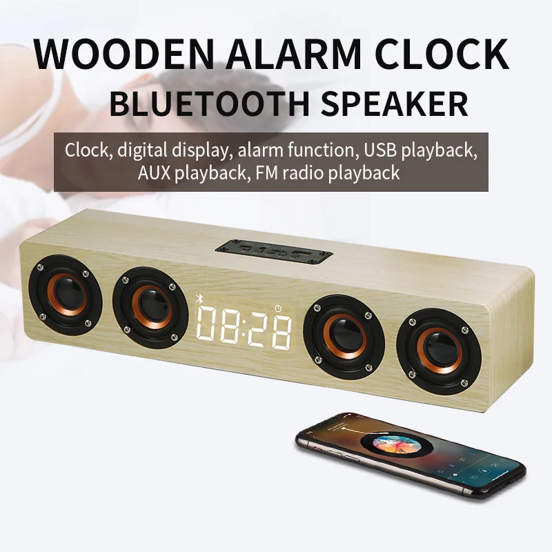 Altoparlanti Bluetooth Wireless Orologio In Legno Tv Bt Sound Box Heavy Bass 3D Stereo Surround Sound Bar Con Lettore Musicale Radio Fm