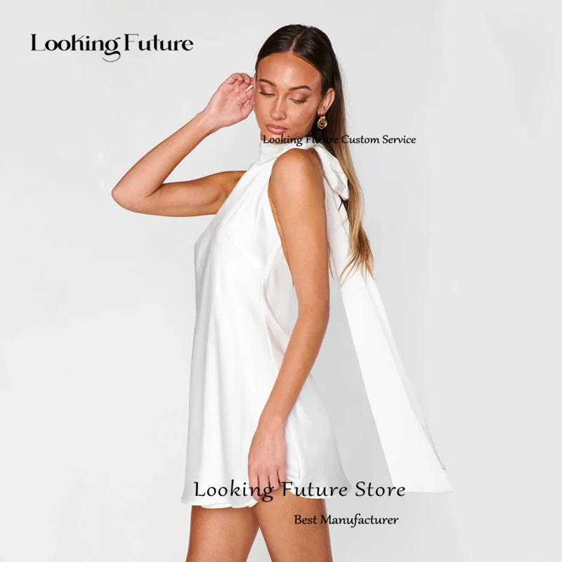 Simple Satin White Sheath Mini Wedding Dress 2025 Sexy Sleeveless High Neck Pleat Bow Elegant Backless Short Gowns Customized 15 S7007de23763846d9a777f70bc4cad654U