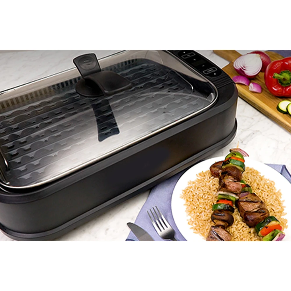 Smokeless Grill, Electric Griddle with Tempered Glass Lid, Portable BBQ Grill with Digital Temperature Control LED Display 4