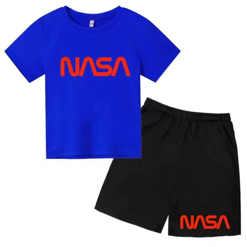 thumbnail image 1 of Conjunto de 2 camisetas y pantalones cortos con estampado de letras de verano para niños de 2 a 13 años, ropa deportiva de calle para niños y niñas, 1 of 5