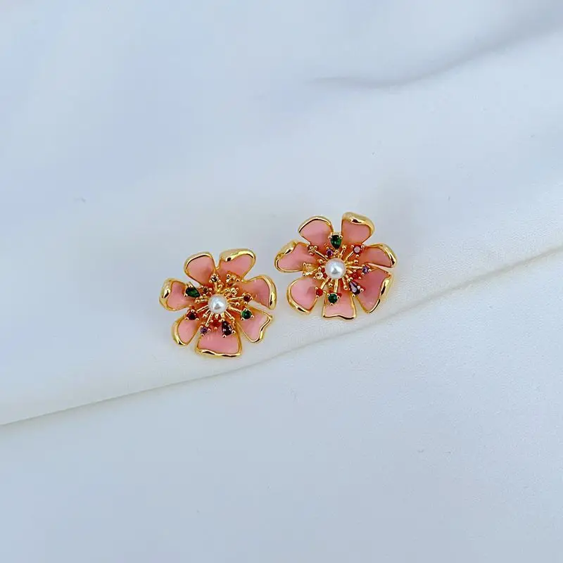 GoldPlatedEnamelCherrySSilverNeedleZirconPearlPeachBlossomEarringsJewelry-AliExpress36