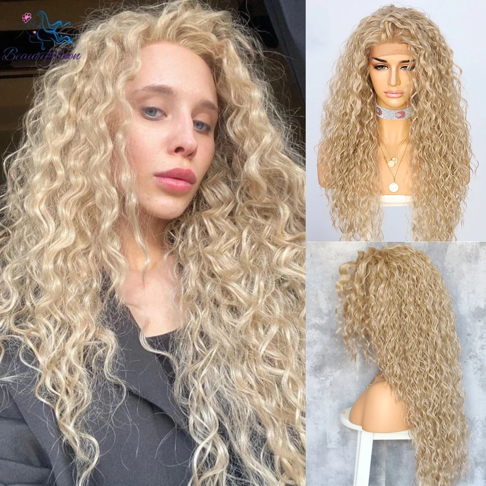 Synthetic Wig Jbrown Black 1B Blonde 613 Ginger Red Brown Grey White Kinky Curly 13X3 Lace Front For Women