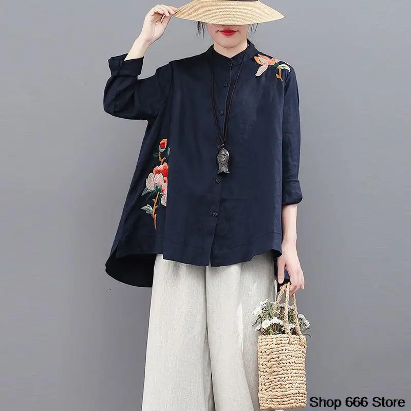Women Chinese Shirt Ethnic Style Vintage Harajuku Embroidery Chinese Tops Women Spring classical Loose Cotton Coat Tang Suit Female Autumn