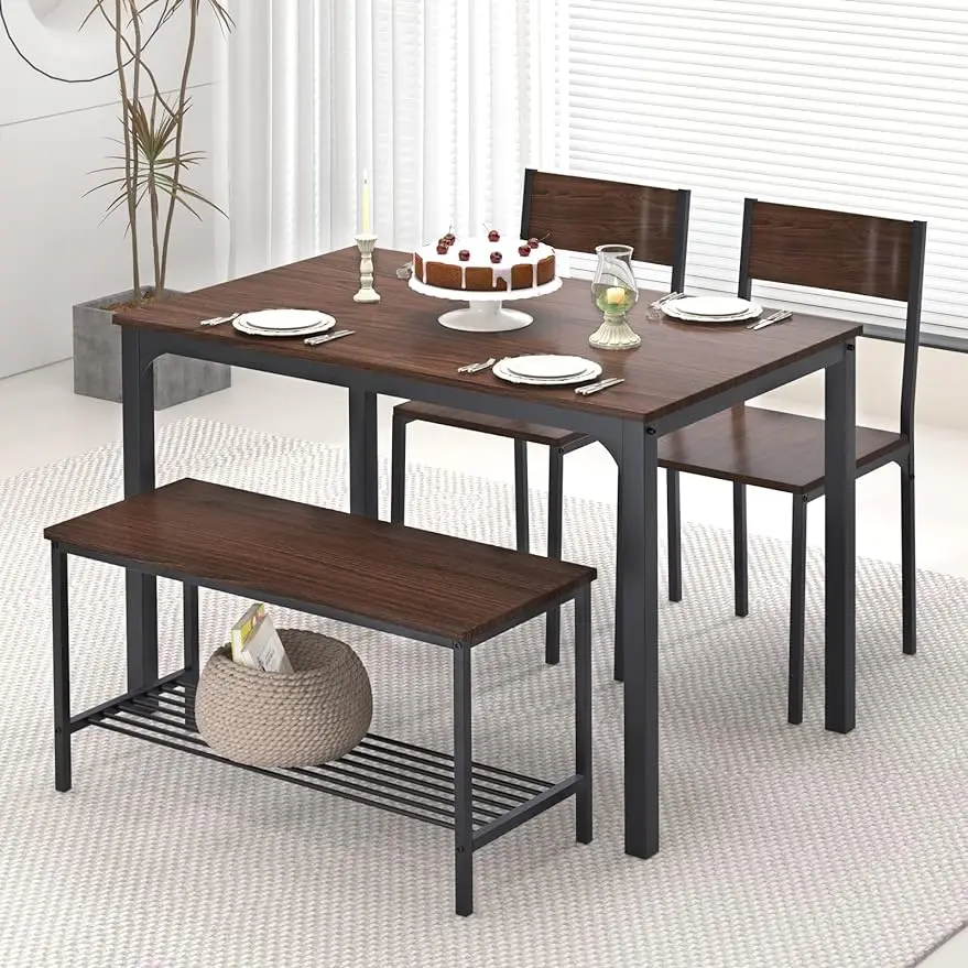 

4-Piece Kitchen Table and 2 Chairs for 4 with Bench, Dining Table Set for Small Space, Living-Room, Restaurant, Dark Walnut