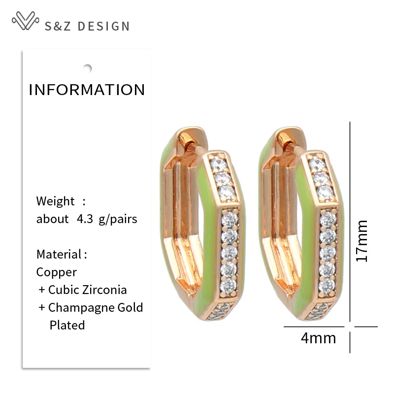 S&Z DESIGN New Fashion Vintage Green Enamel Drop Earrings For Women Wedding Champagne Gold Color Cubic Zirconia Eardrop Jewelry