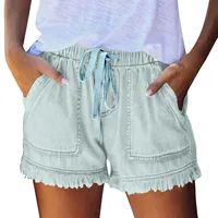 Ladies' Washed Solid Color Slimming Tassel Edge Denim Shorts Fashion Sexy Elastic Waist Leisure Pockets Summer Short Trousers - Image 4