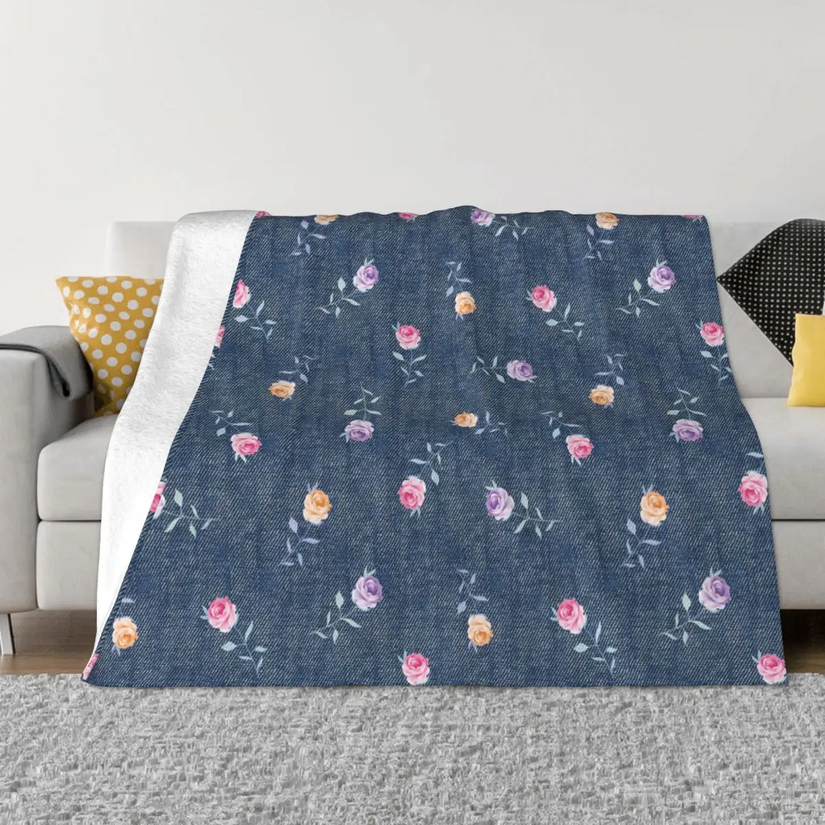 

Denim With Flower Pattern Blankets Fleece Textile Decor Portable Super Soft Throw Blankets for Sofa Car Bedding Throws