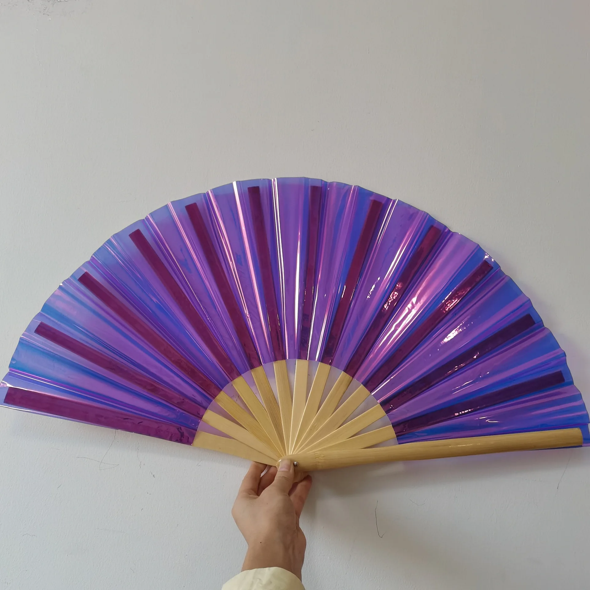 1Pc PVC Tai Chi Fan 33cm Bamboo Fan Laser Kung Fu Folding Craft Gifts Stage Performance Dance Party Photography Props folding fan hand fan kung fu fan