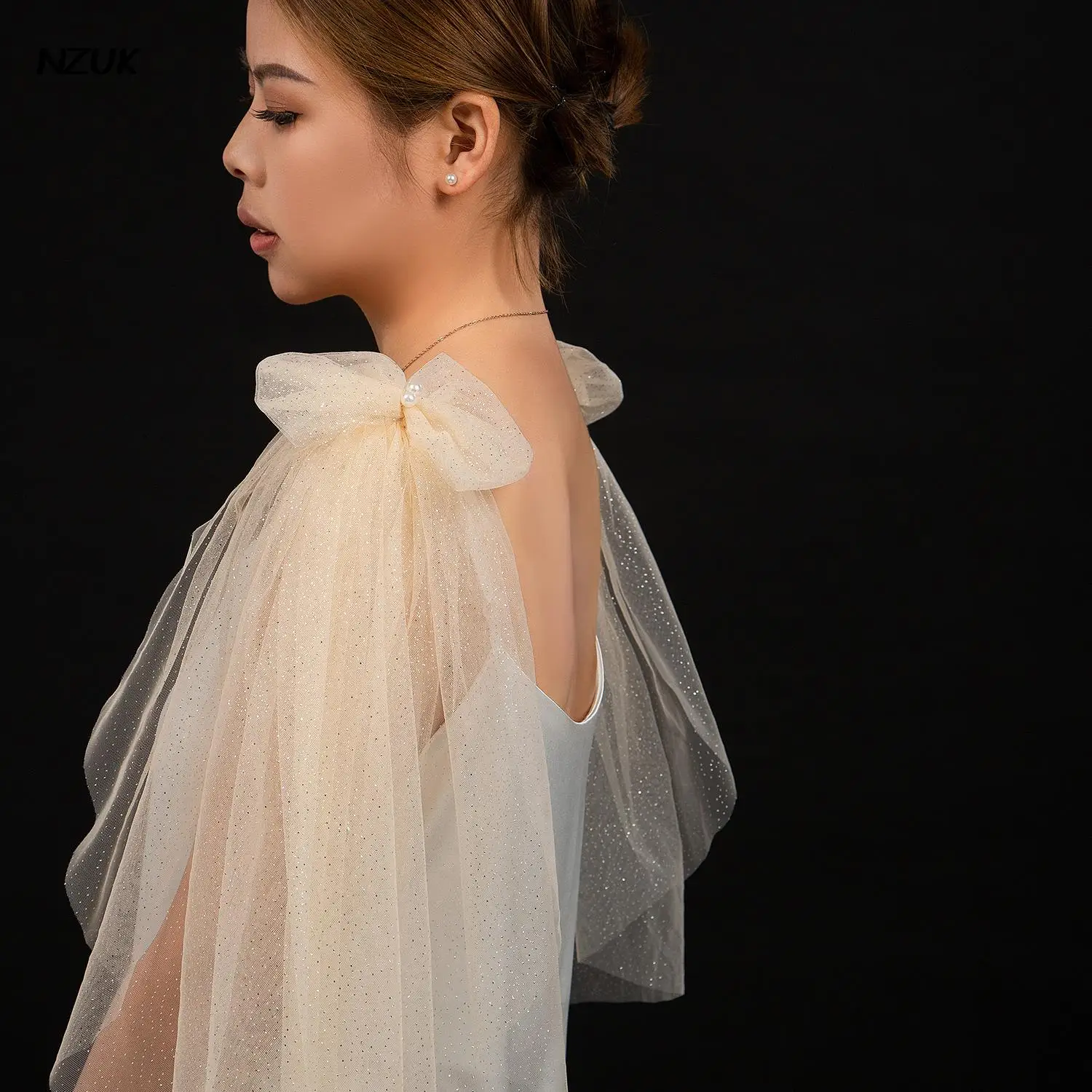 NZUK 2PC Sparking Bridal Wings Veil with Bow  Wedding Shoulder Veil Removable Sleeves Shrugs for Women Summer Elegant Shawl