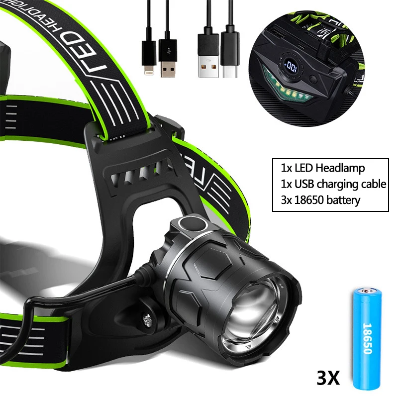 

LED Headlamp Waterproof Camping Lantern 2000m Long Shot with Digital Power Display Rechargeable Headlight Support USB Output