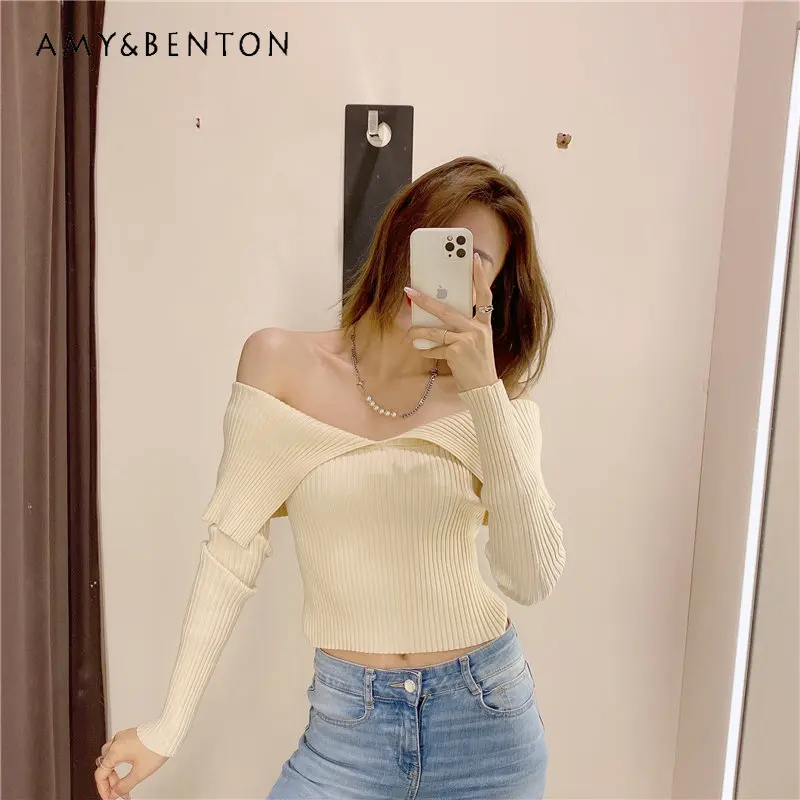

Elegant Fashion Outer Wear Long Sleeve Pullover Female 2023 Spring and Autumn New Women's Off-Shoulder Skinny Knitted Top