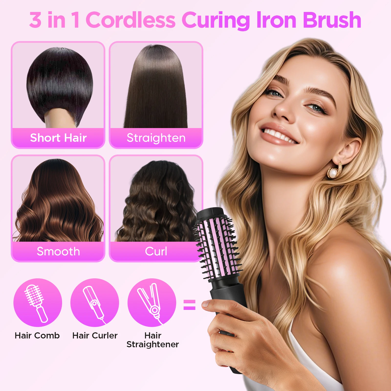 2 In 1 Cordless Hair Curler And Straightener Brush 7000Mah Cordless Curling Iron Brush Portable Travel Curling Iron Mini