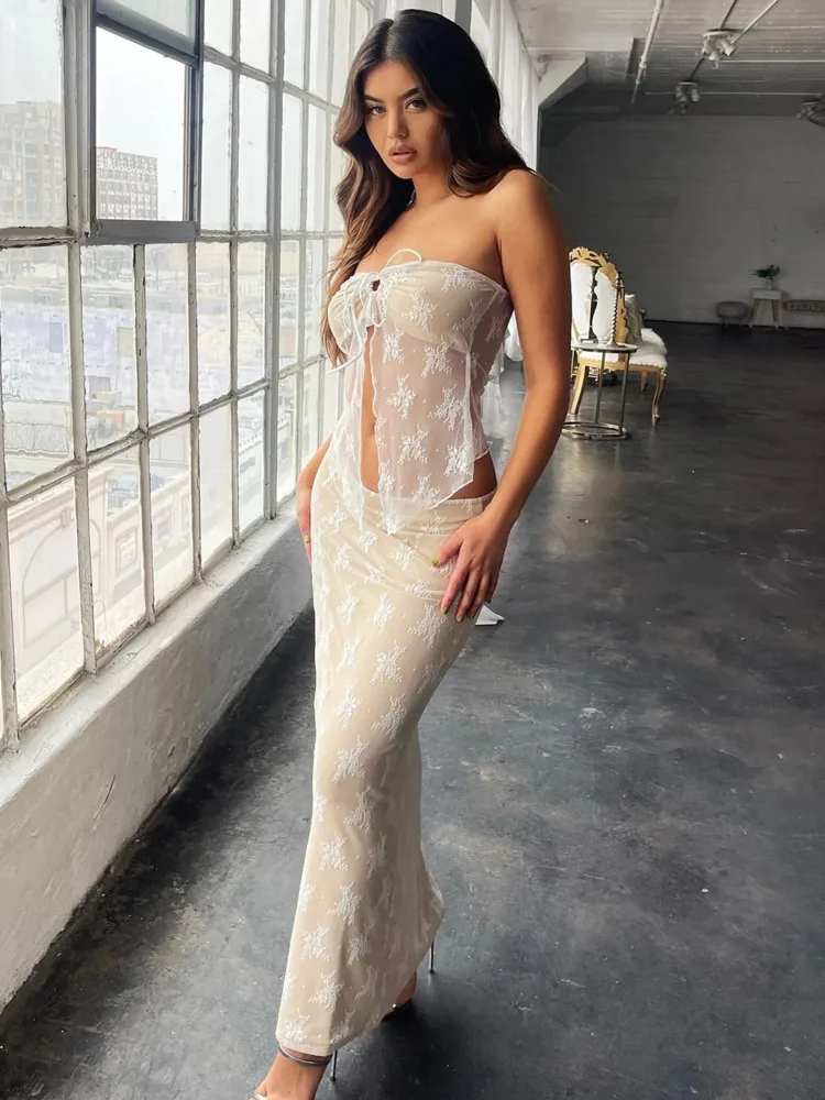 2023 Lace Print Sexy Dress Set Women Strapless Crop Top And Long Skirt Matching Sets Female Night Club Party Two Piece Set