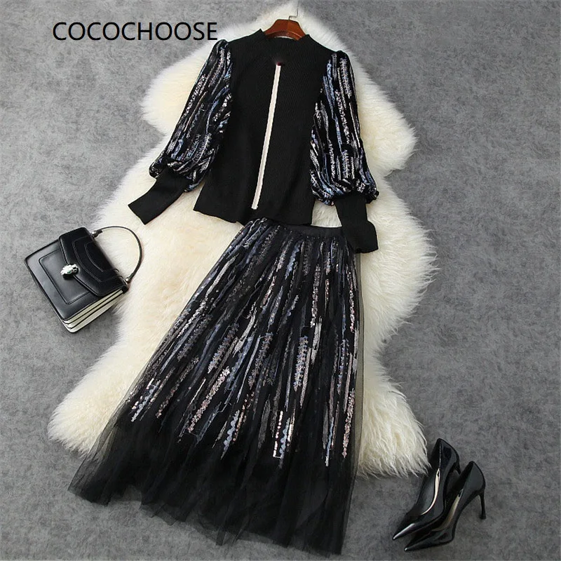 

Fashion Women Autumn Winter 2 Piece Dress Set Runway Designer Lantern Sleeve Sequin Knitted Top and Mesh Skirt Suit Party Outfit