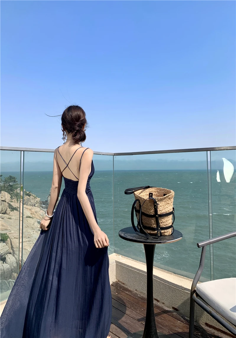 Summer New Spaghetti Strap Long Dresses for Women V-neck A-line Evening Party Dress Backless Prom Robe One Piece Vestido Mujer