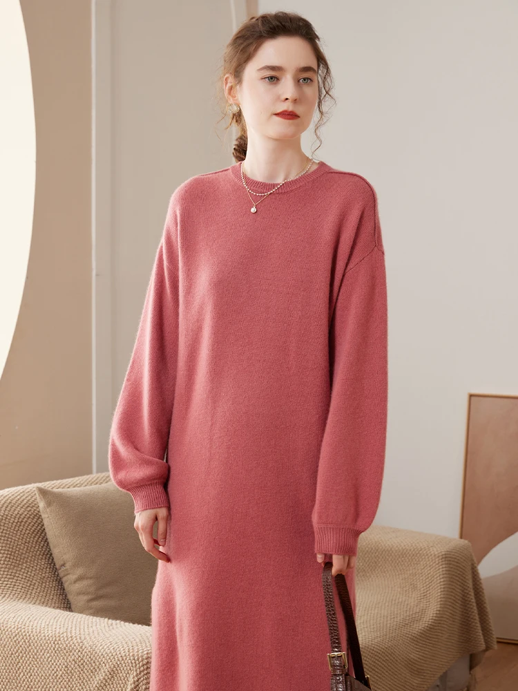 

Aliselect 100% Cashmere Autumn Winter Lady Round Neck Thickened Cashmere Dress New High-end Knitting Brand Sweater Dress Tops