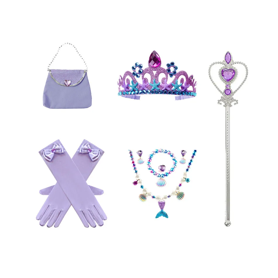 Ariel Princess Accessories Gloves Wand Crown Jewelry Set Mermaid Wig Necklace Braid for Princess Dress Clothing Cosplay Dress UP
