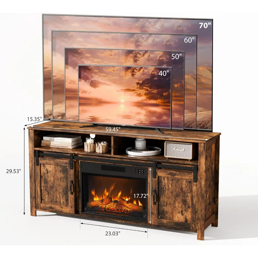Fireplace TV Stand with Sliding Barn Door for 70 Inch TV,Farmhouse Entertainment Center with 23" Fireplace,Rustic Media Console 3