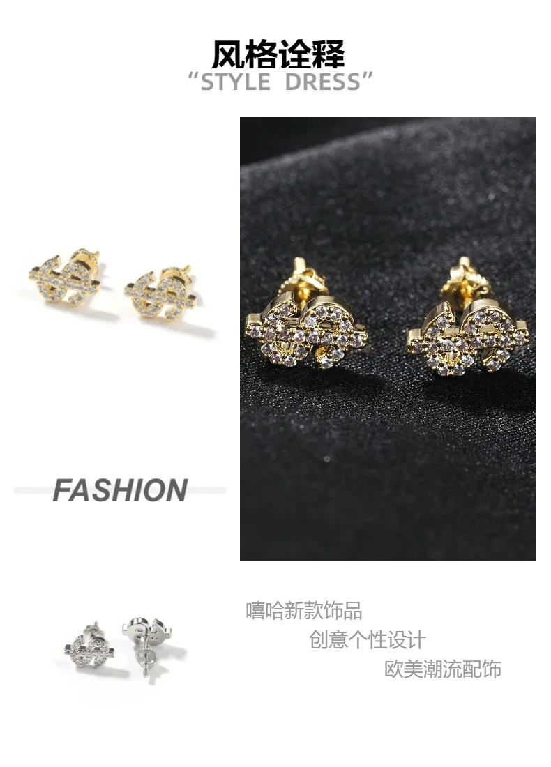 2024 New US Dollars Shape Mirco Pave Bling Iced Out Prong Setting Brass Earrings Fashion Hip Hop Jewelry BE062