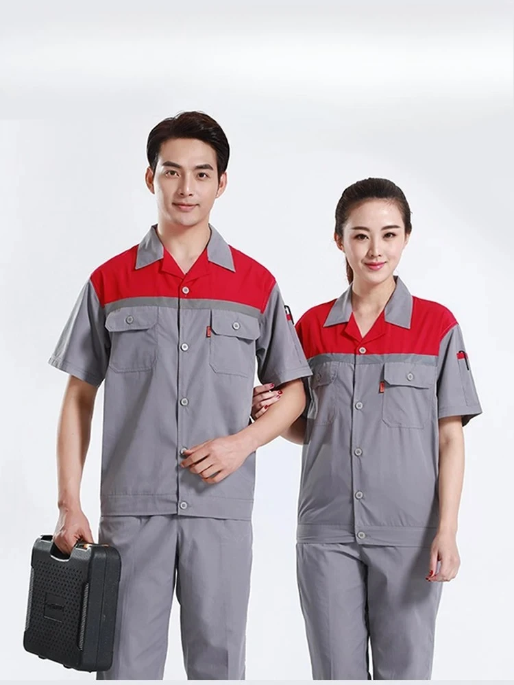 Short Sleeve Work Uniform Set Lightweight Breathable Shirt Pants Work Overalls for Installers Mechanics Stain Abrasion Resistant