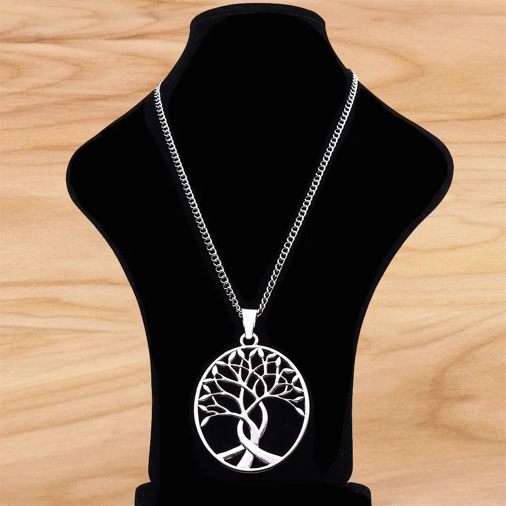 

Tibetan Silver Large Hollow Open Life Tree Oval Pendant on Long Chain Necklace Lagenlook 34 Inches for Jewelry Women Men Gift