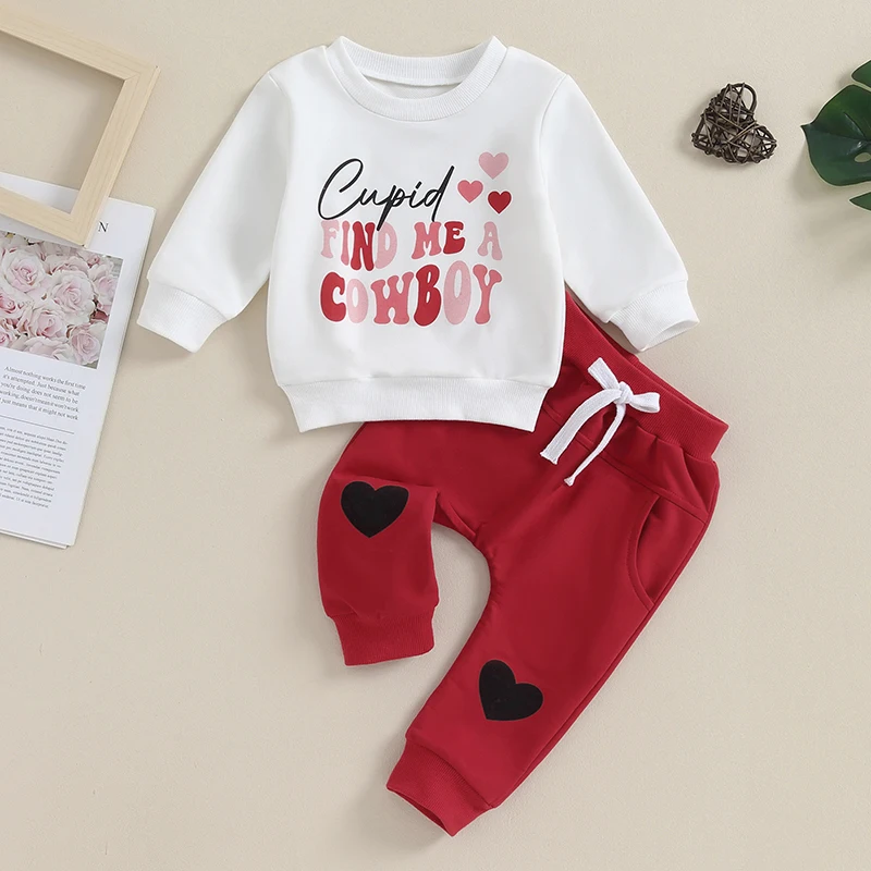 

Комплект одежды Lioraitiin для маленьких девочек, кофта с круглым вырезом и длинным рукавом, штаны, с надписью, комплект одежды на День святого Валентина, 2023-10-07