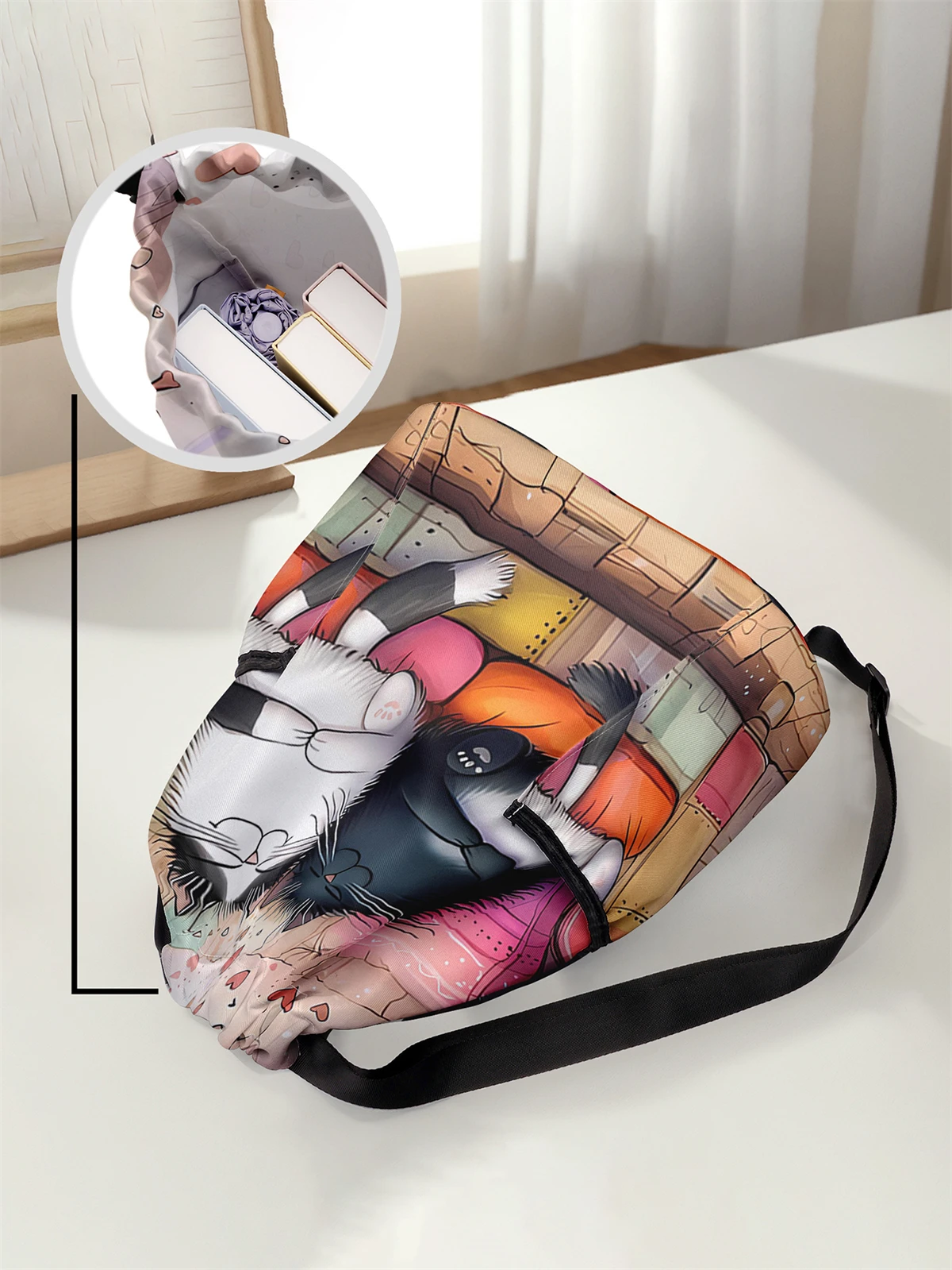 Cute Cat Printed Drawstring Backpack - Large Capacity Durable Fitness Bag, Adjustable Shoulder Straps, Sports Beach Backpack