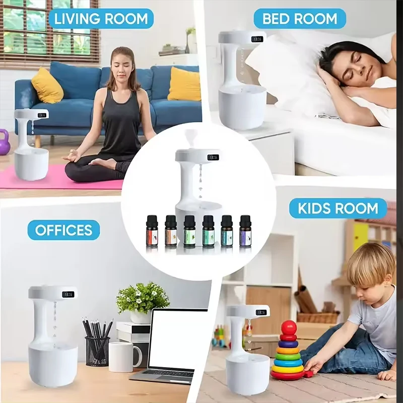 Aromatherapy Essential Oil Diffuser Car Fountain Freshener Night Micro Purifier Water Drip Rain Anti Gravity Humidifier