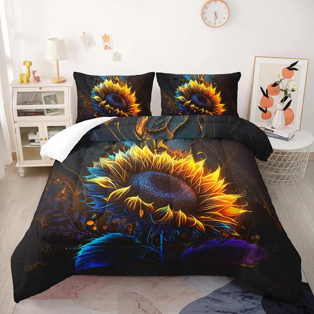 

Sunflower Full Size Comforter Sets, 3 Piece Black Bedding Comforter Sets, Premium Sunflower Decor Bedding Set for Girls and Boys