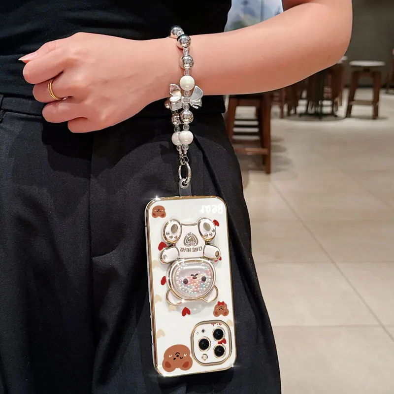 Pearl Strap Lanyard Love Bear Phone Holder Case - Anti-Knock Cover