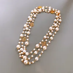 Elegant Vintage Flower Pendant Long Pearl Necklace (Light Yellow Gold Color)