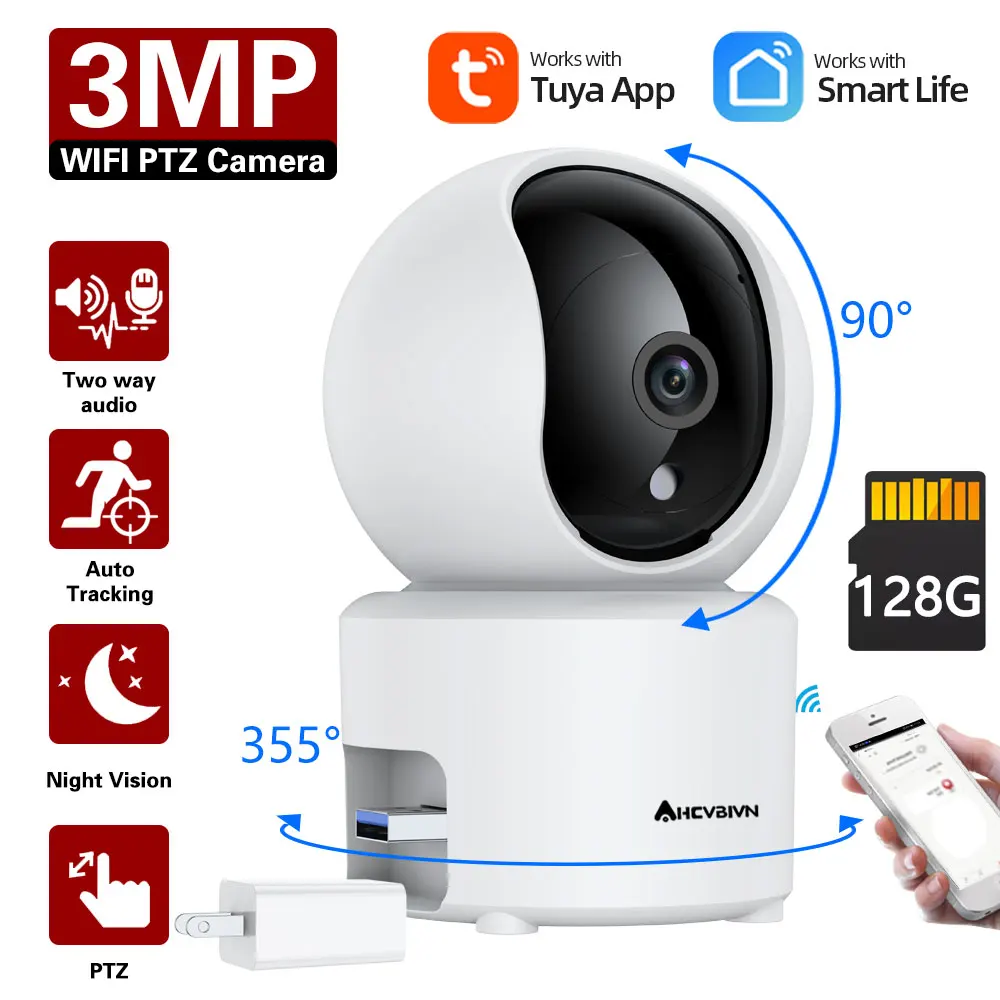 

3MP HD IP Camera Tuya App WIFI Wireless Smart Home Security PTZ Camera AI Auto Tracking Two-Way Audio Baby Monitor Surveillance