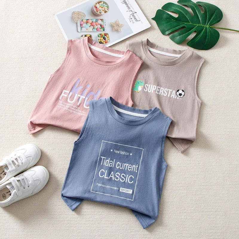 Children's Summer T-shirts Boys Girls Vests Sleeveless Cartoon Tee Tops 100% Cotton Comfortable Kids T-shirt Clothes Fashion New 4