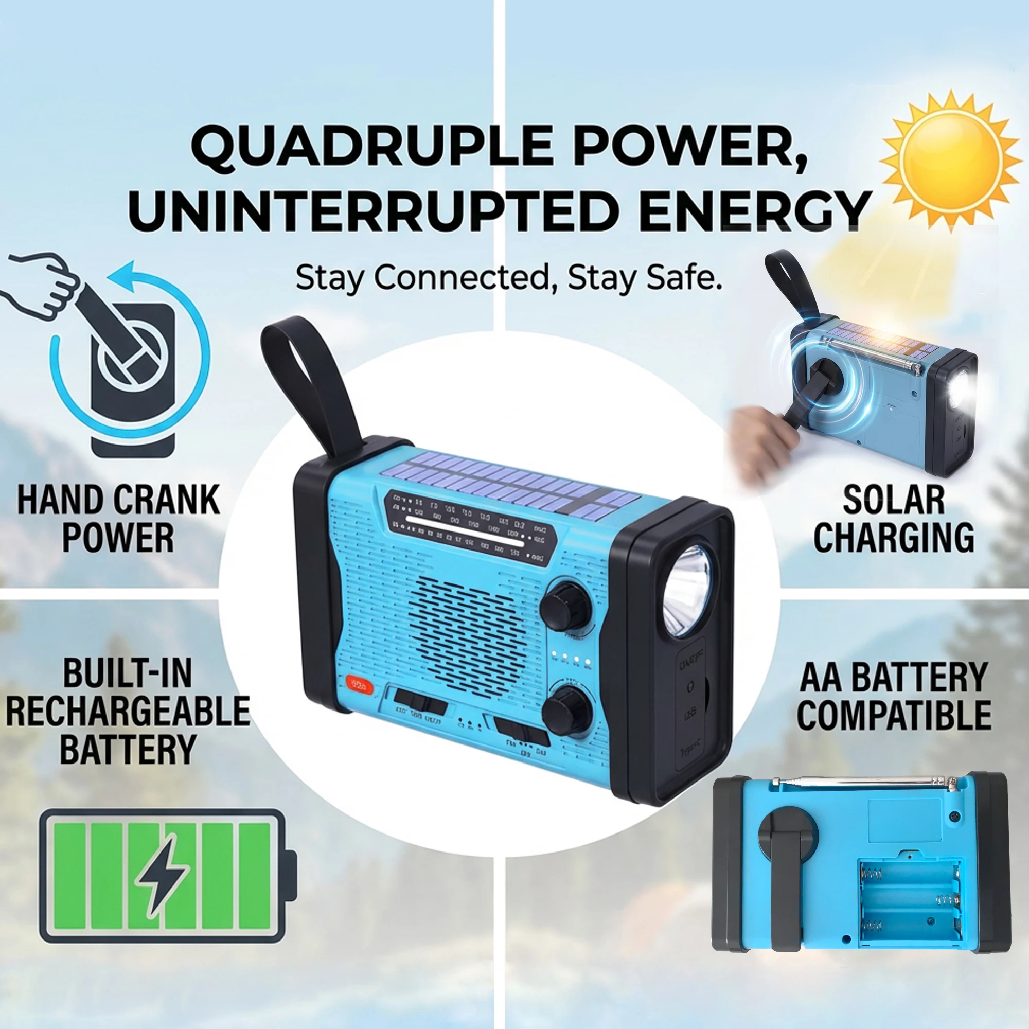 비상용 휴대용 핸드 크랭크 라디오, 태양광 AM/FM SW 라디오, SOS 알람, 손전등 5000mAh 충전식 보조 배터리