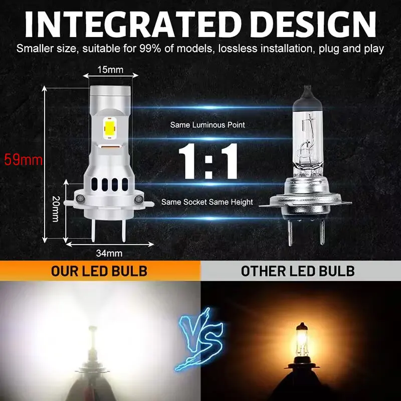 Bullvision H7 LED 헤드라이트, 하이 빔 로우 빔, 양면 3580 CSP 칩, 무선 미니 다이오드, 자동차 조명, 플러그 앤 플레이, 6500K, 12V, 24V