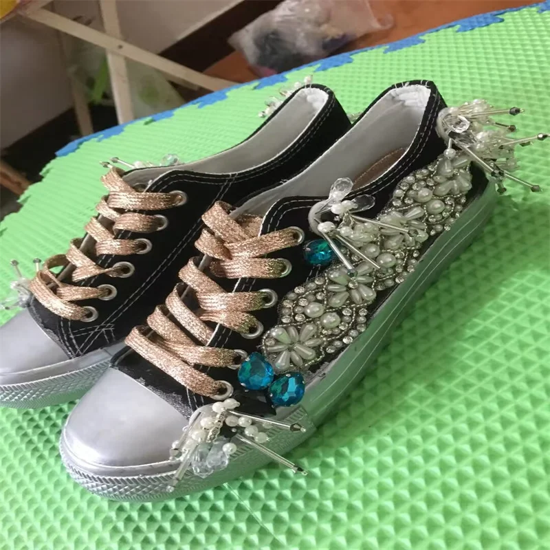 

Handmade custom canvas shoes Pearl rhinestones spring and autumn lace-up high top casual shoes men and women plus size 35-46