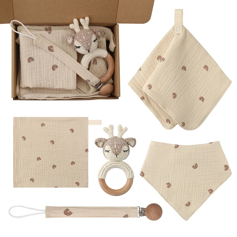 

5 Pcs Newborn Wooden Knitted Deer Rattle Teether Infants Feeding Bib Appease Towel Square Wash Facecloth Pacifier Chain Clip Set