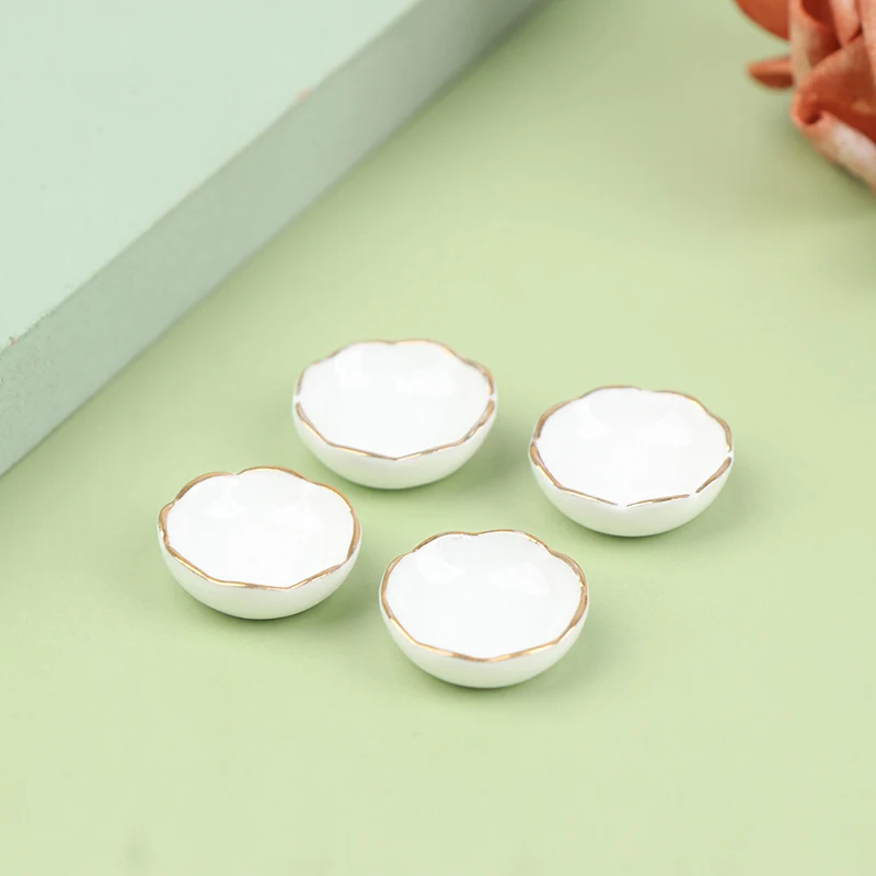 1:12 Dollhouse White Ceramic Gold Rimmed Bowl Dish Plate Food Plate Dishes Tray Dollhouse Miniature Kitchen Furniture Toys