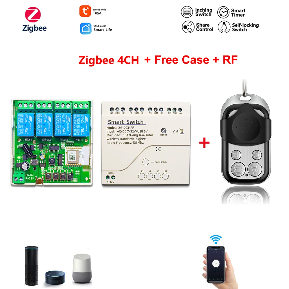 

Релейный модуль Zigbee 3,0 с Wi-Fi, 1/2/4 клавишами, 12 В, 24 В, 7-32 В постоянного тока, умный переключатель RF, работает с приложением Tuya SmartLife и режимом самоблокировки