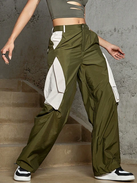 2023 Women Fashion Cargo Pants Street Colorblock Flap Pocket Side Baggy  Parachute Trousers Ladies Casual Sports Jogging Pants - AliExpress