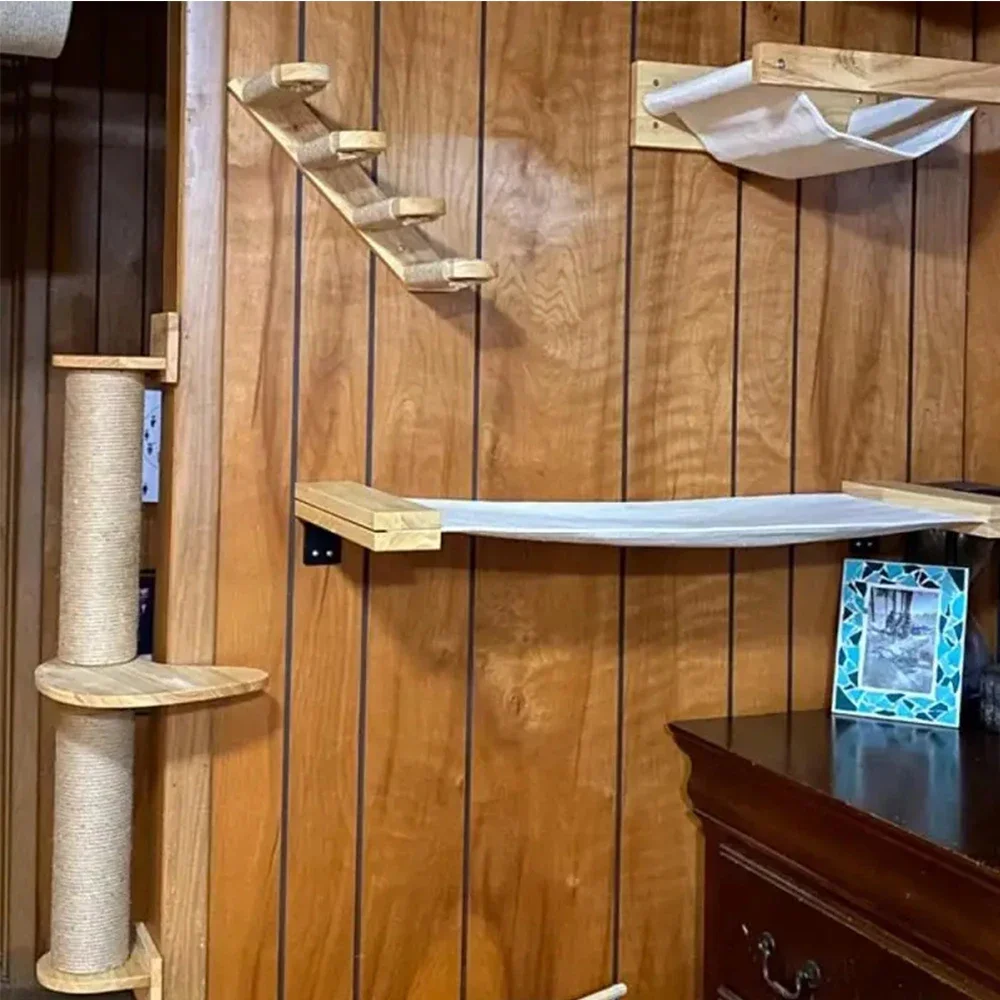 Deluxe Wall-Mounted Cat Activity Center with Climbing Ladder, Hammock, and Sisal Post