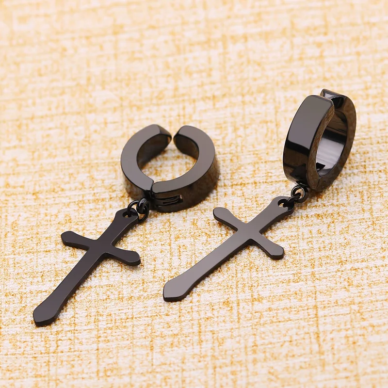 Fashion Titanium Steel Cross Ear Clip Earrings For Men Women Stainless Steel Punk Black Single Earring Fake Earrings Jewelry 3
