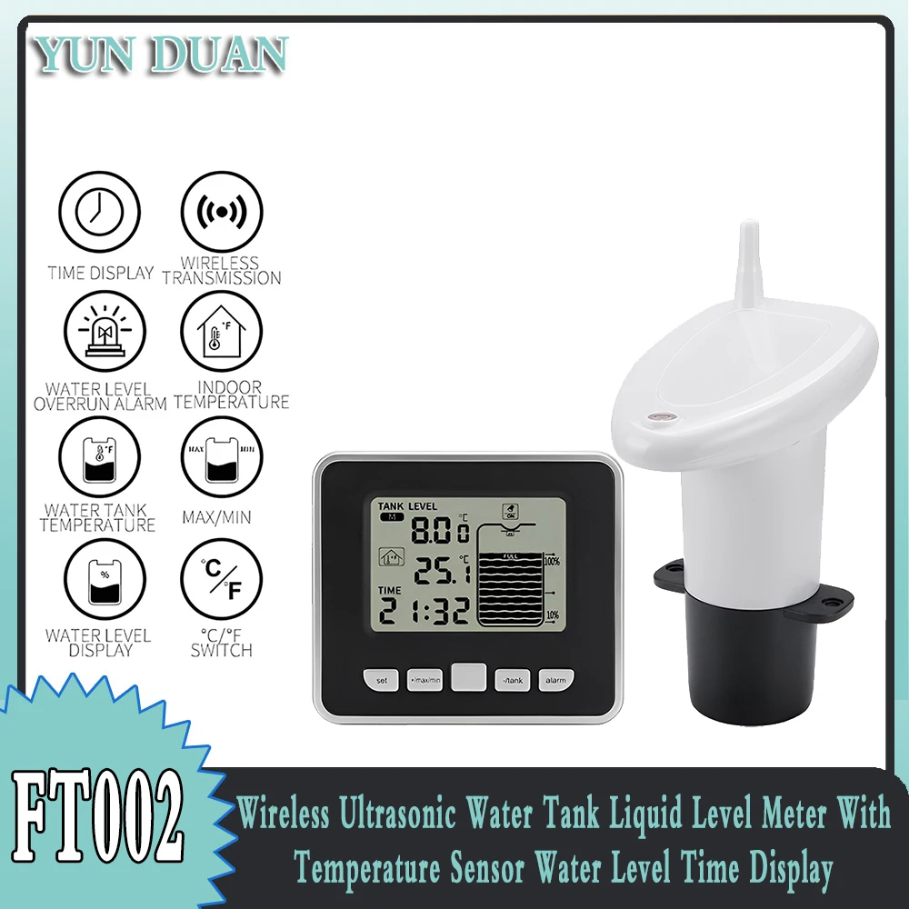 

Ultrasonic Water Tank Level Meter Sensor Temperature Display Time Alarm Transmitter Receiver Liquid Depth Measuring Device FT002