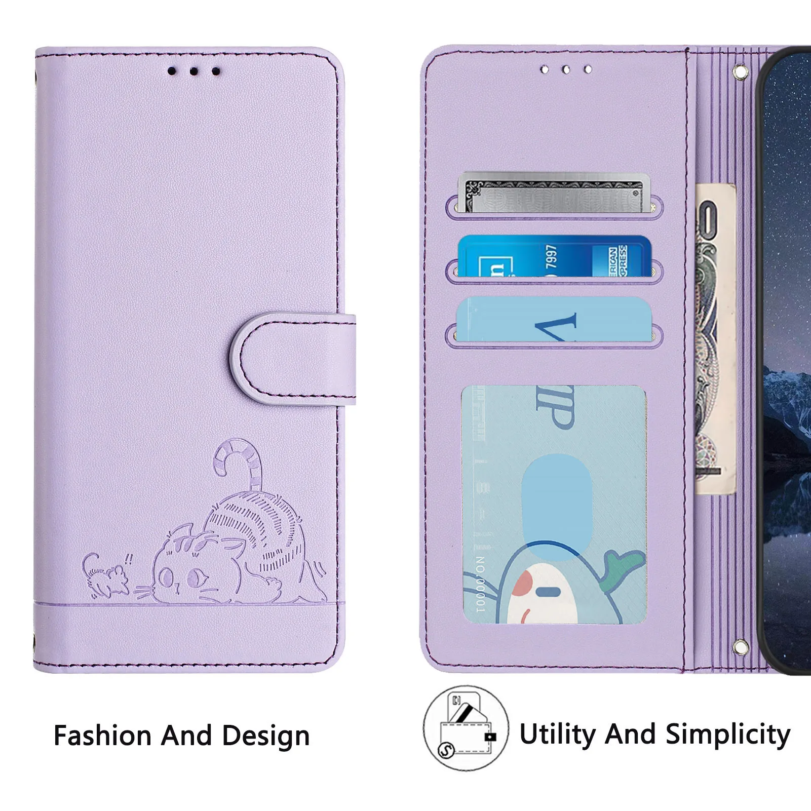 Cat Leather Phone Case Wallet with Wrist Strap and Flip Cover