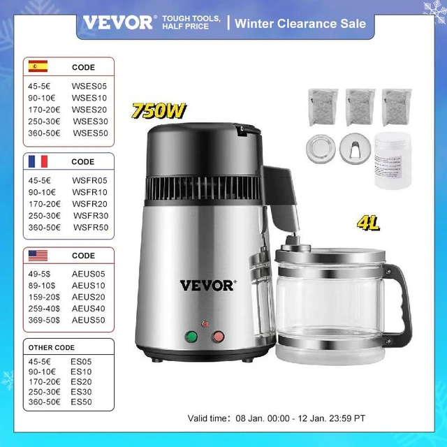 VEVOR Distillateur d'Eau 4L Purificateur d'Eau en Acier Inoxydable 750W  pour Éliminer Solides Dissous COV pour Hôpitaux Laboratoires Cliniques  Maisons