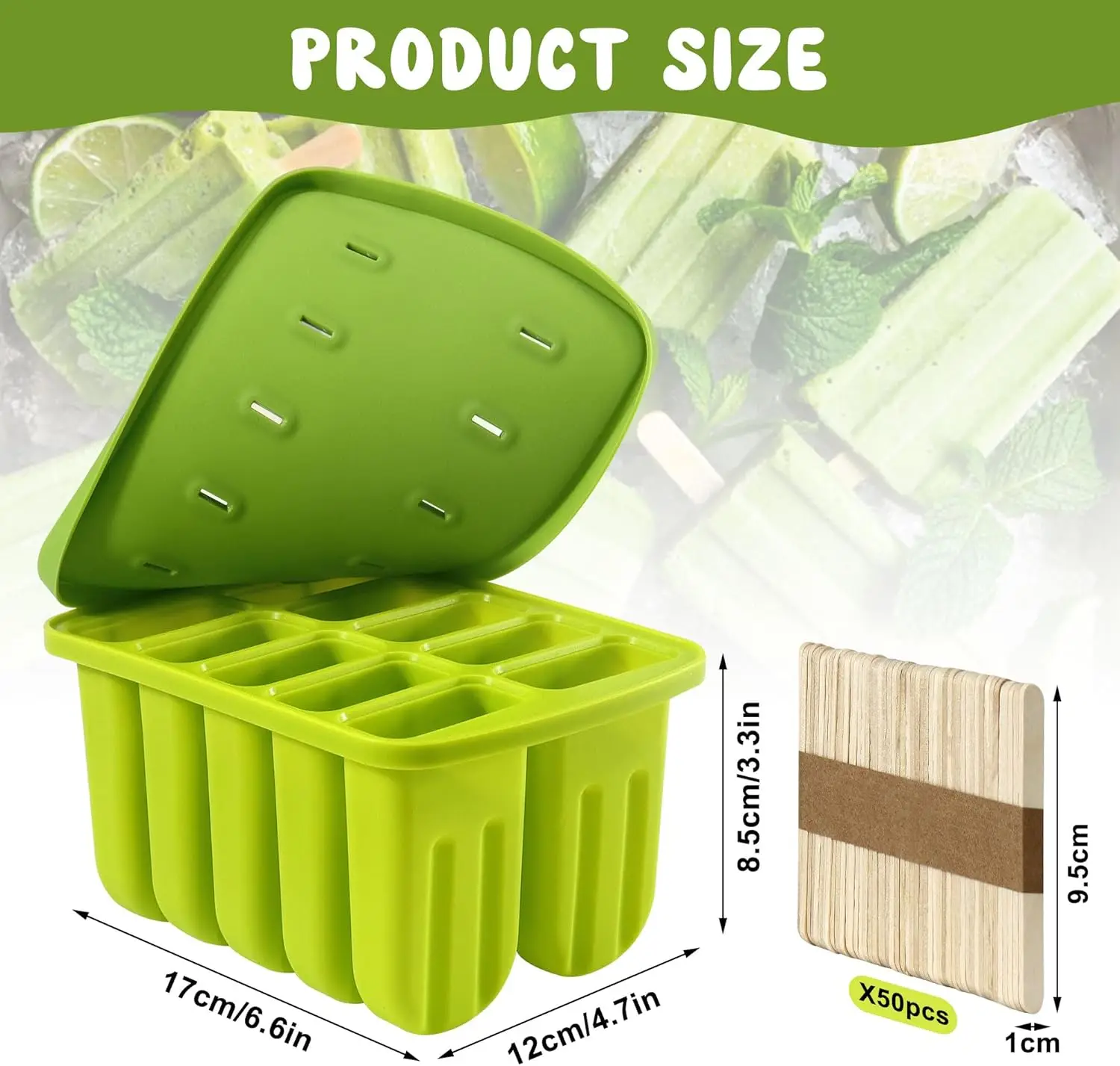 10 Cavity Popsicle Molds Silicone Ice Pop Molds with 50pcs Sticks Homemade Popsicle Ice Pop Maker Easy Release Ice Cream Molds