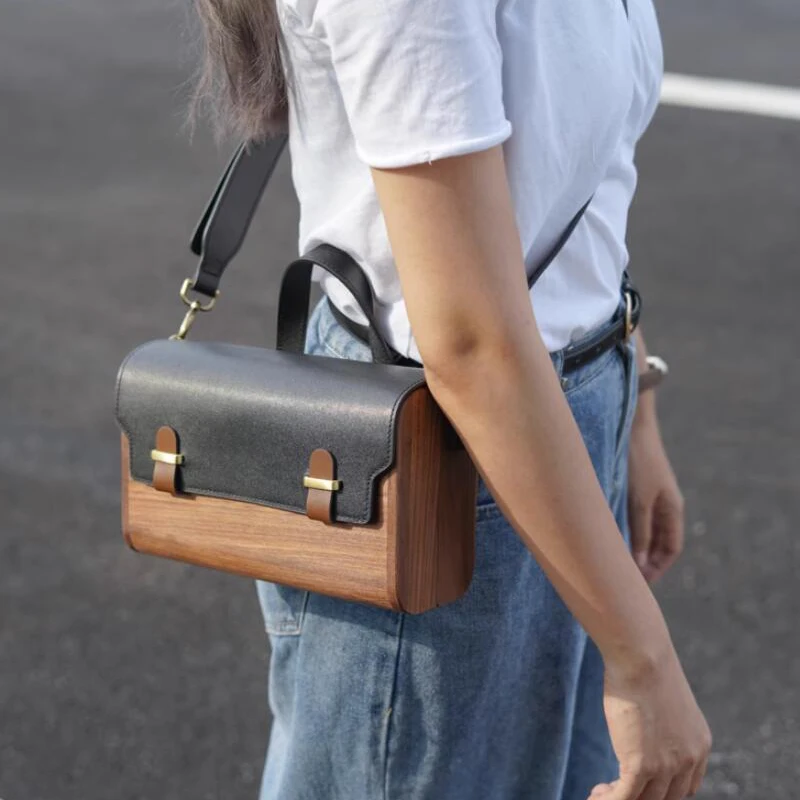 

Vintage Genuine Leather Handbag Women Wood Square Bags Luxury Designer Handmade Brown Wood Crossbody Bag